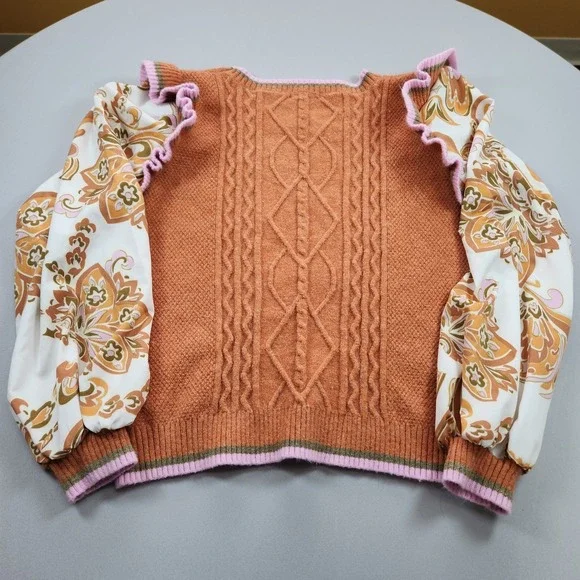 Fate Floral Sweater Top Womens Large Rust Woven Contrast Ruffle Sleeve Romantic - Picture 6 of 6